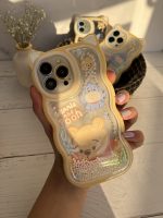 قاب موبایل آیفون خرس پو زرد آکواریومی مروارید دار گوش دار - تصویر 4