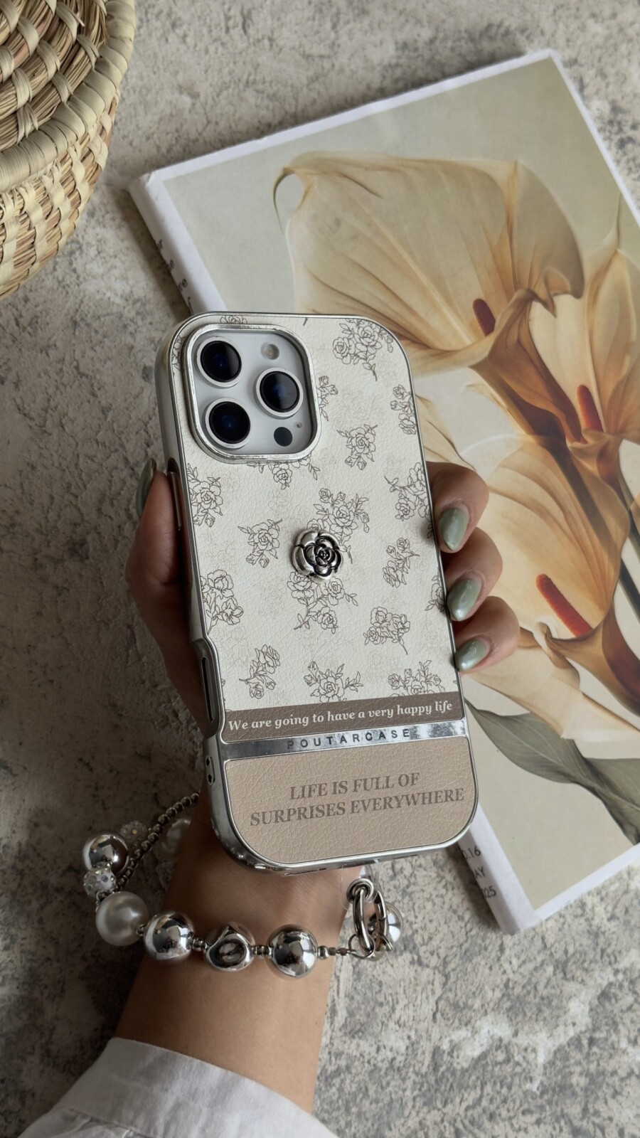 قاب موبایل آیفون کافی رز دورنگ + بندست