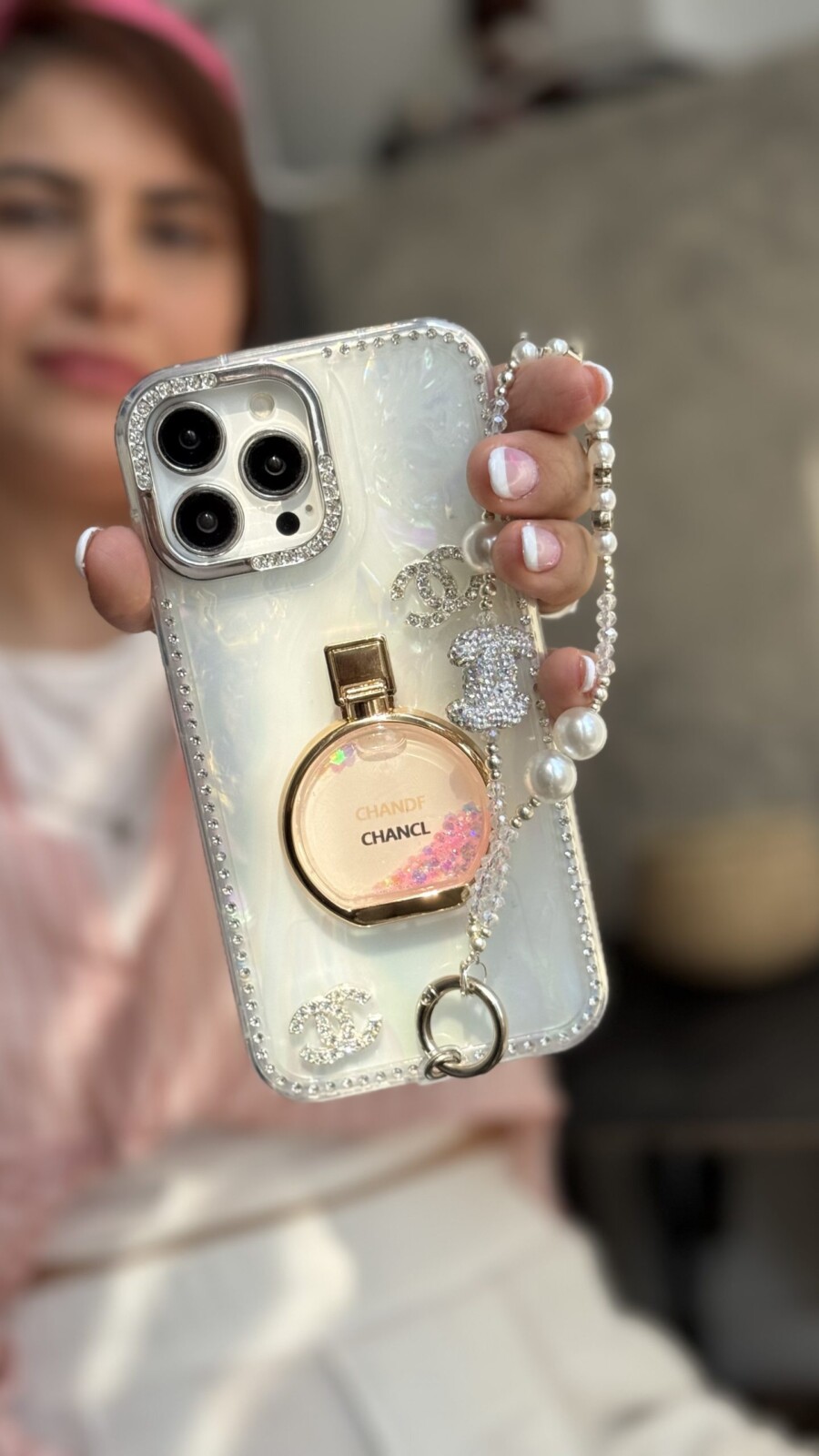 قاب موبایل آیفون پرفیوم کوکوشنل چنس نگین دار آکواریومی + پاپسوکت شنل