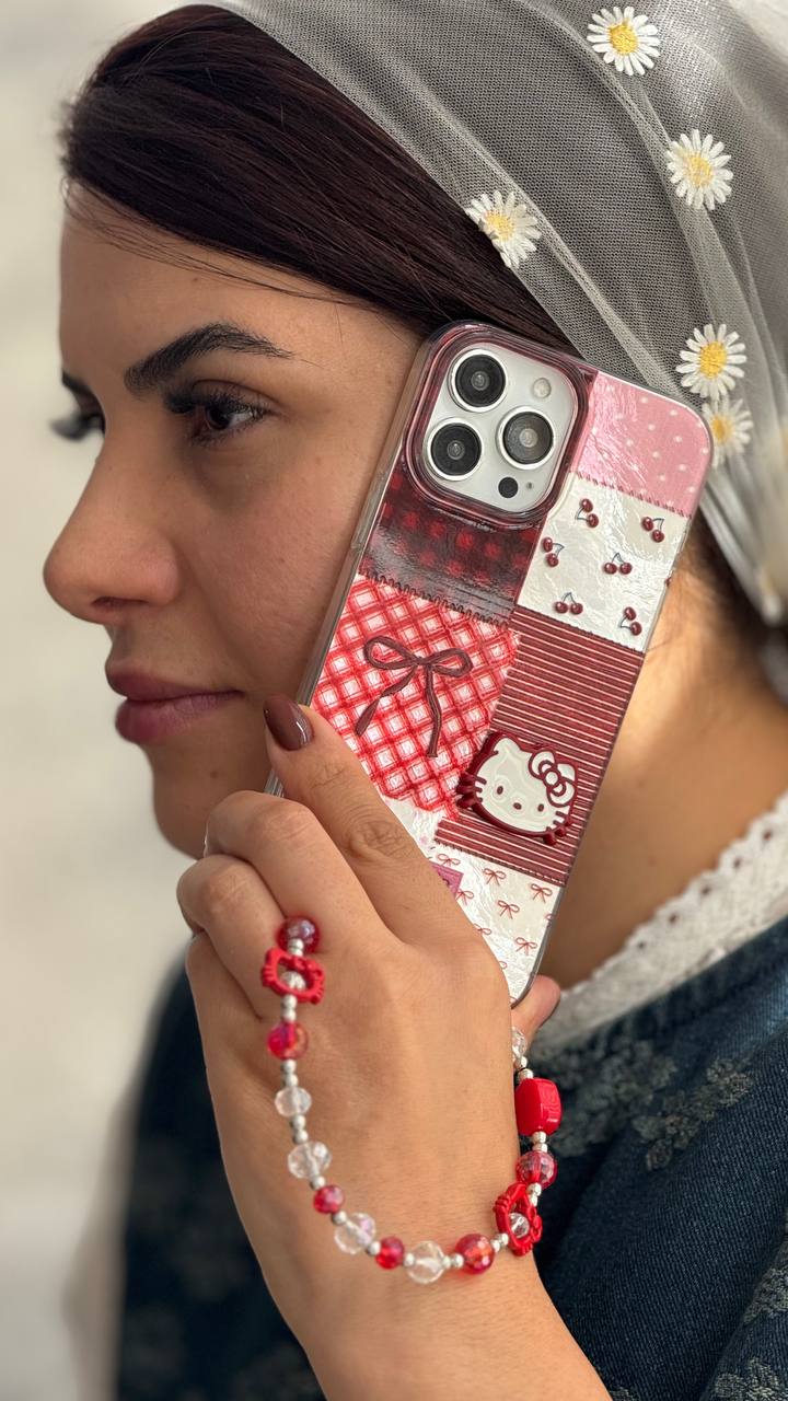 قاب موبایل آیفون کیتی چری آلبالویی پاپیون دار + بندست